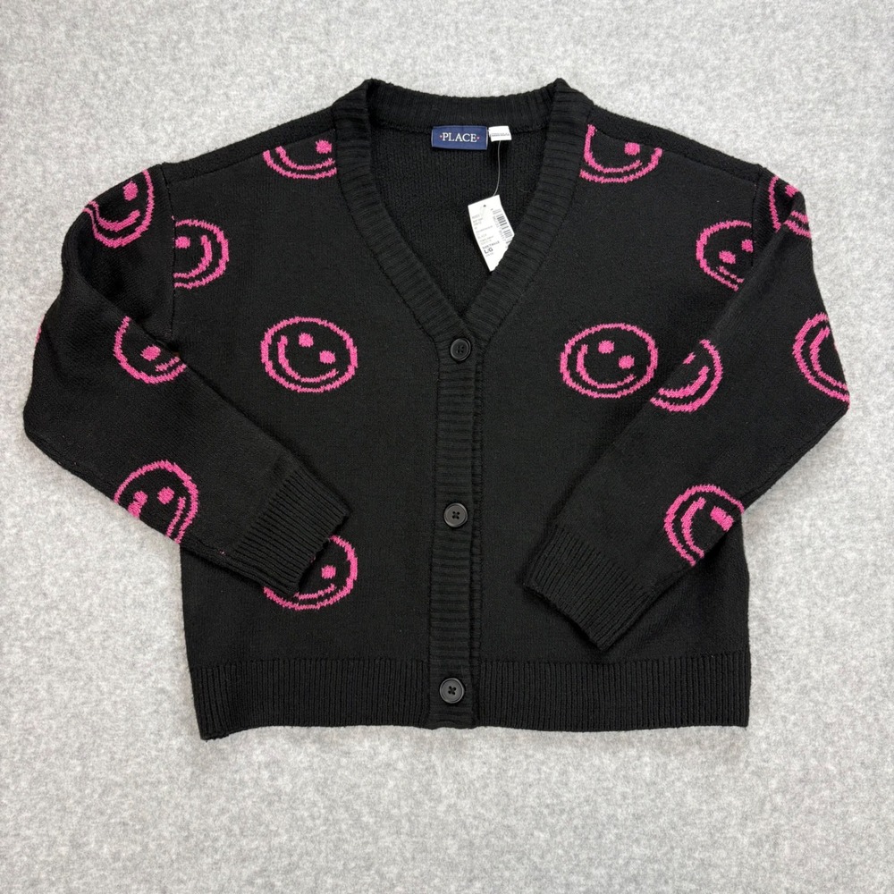 Childrens‎ Place Cardigan Sweater Girls L Black Pink Smiley Face Layering NWT